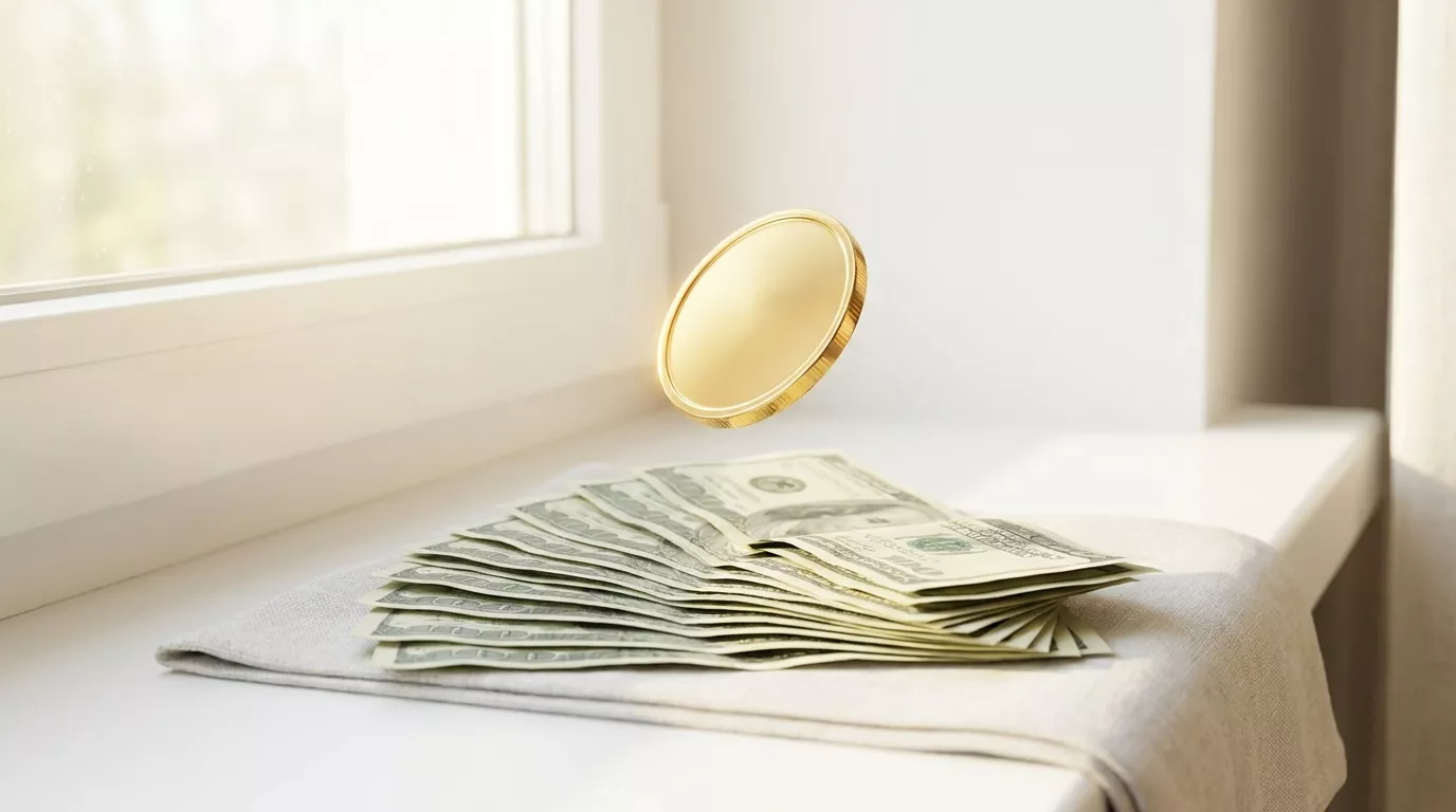 A gold coin rising above a fan of U.S. dollar bills in soft morning light