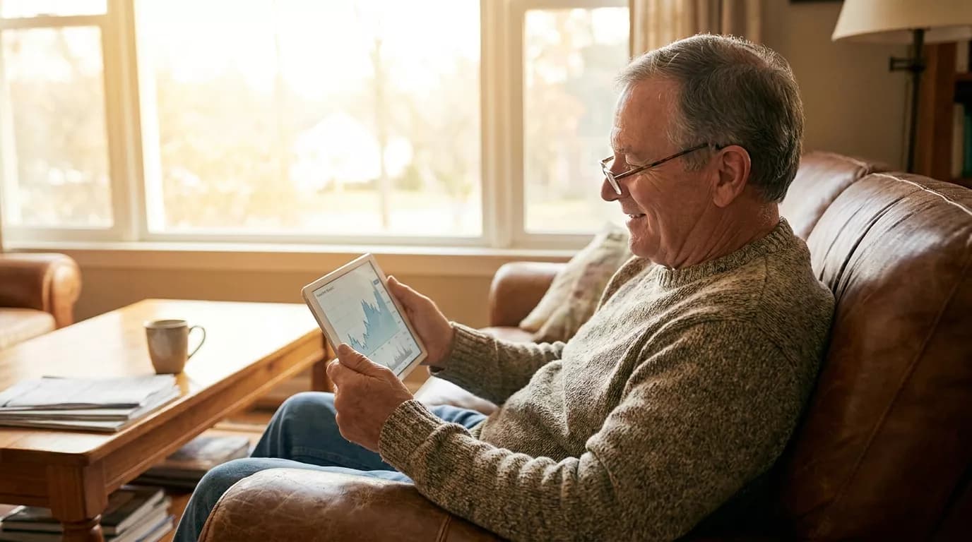 A relaxed retiree reviewing his finances on a tablet in a warm living room